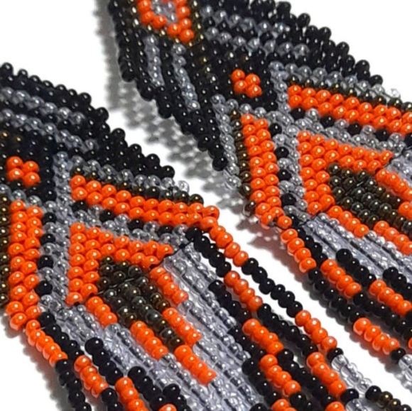 Long Orange Black Beaded Tassel Statement Earrings Boho Fringe Bohemian Tassels - Picture 2 of 6